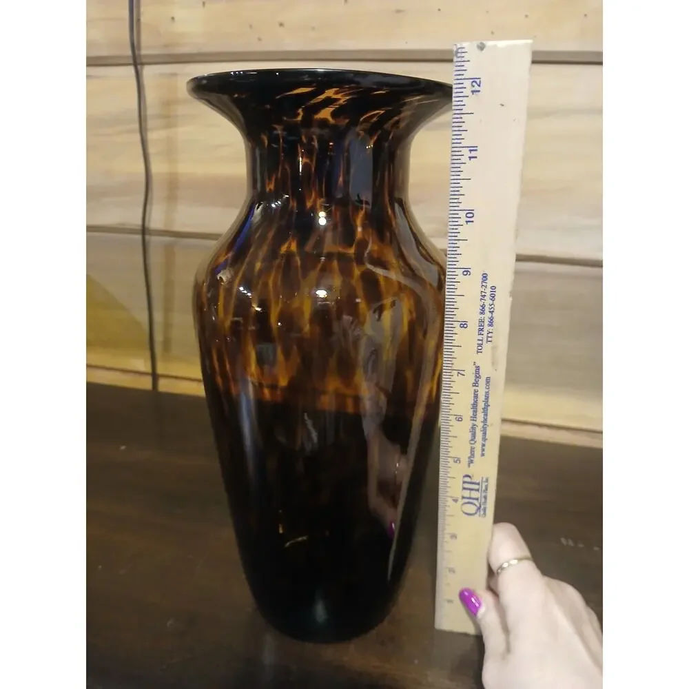 Vintage Murano Style Tortoiseshell Glass Vase Hand Blown Amber Brown MCM 12